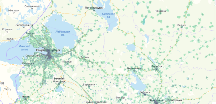 Зона покрытия МТС на карте Дрезна 